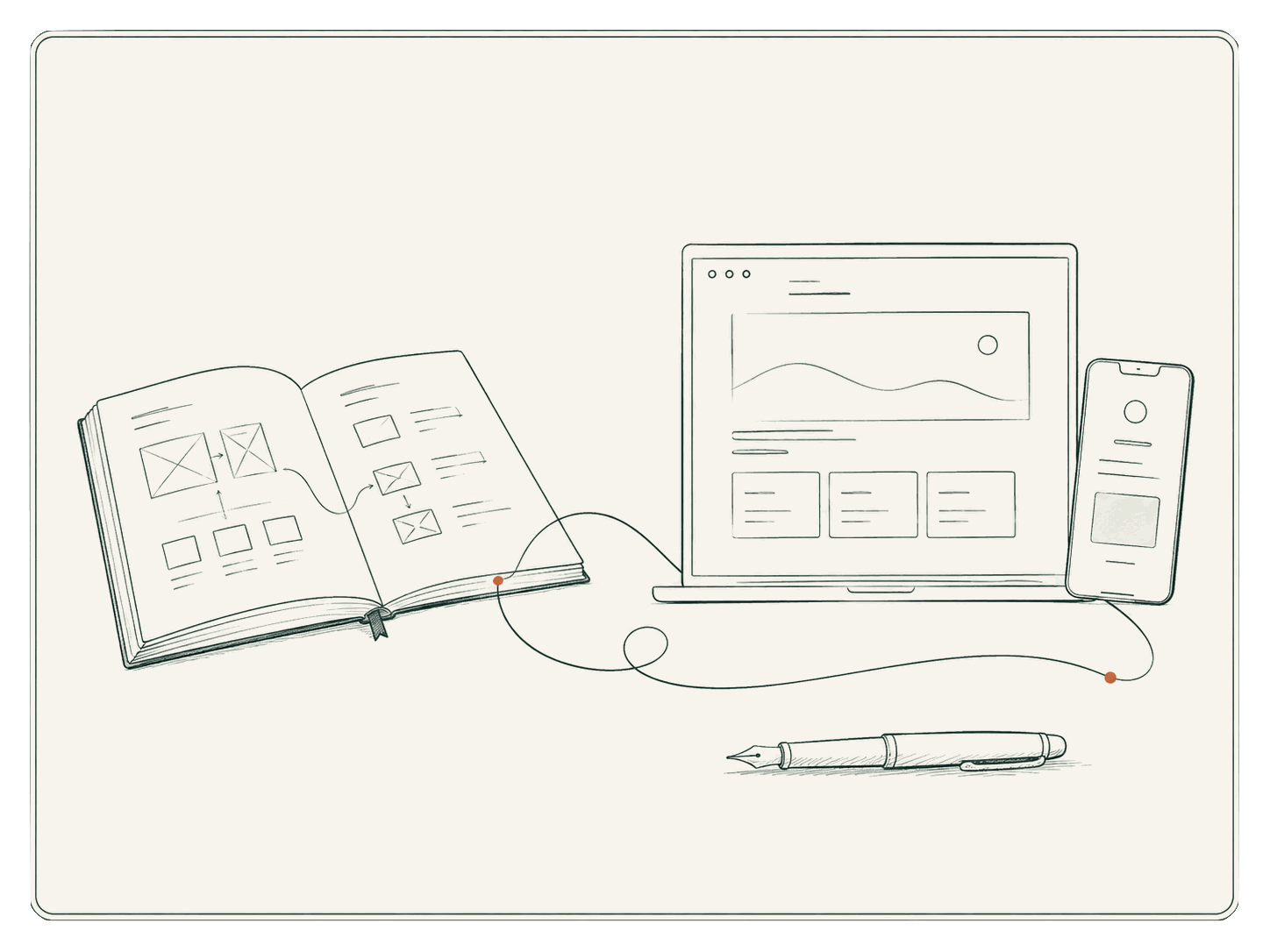 A fine-line sketch of a notebook of wireframes connected by a single thread to a laptop and phone showing the finished product, a fountain pen resting alongside