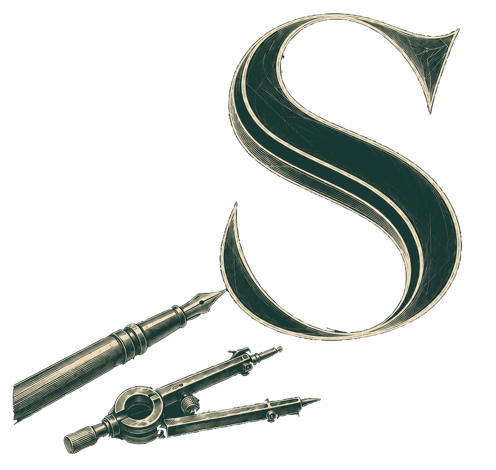 A dark engraving of the Sprezza S drawn inside compass guides, with a fountain pen, drawing compass, and mountains sketched around it