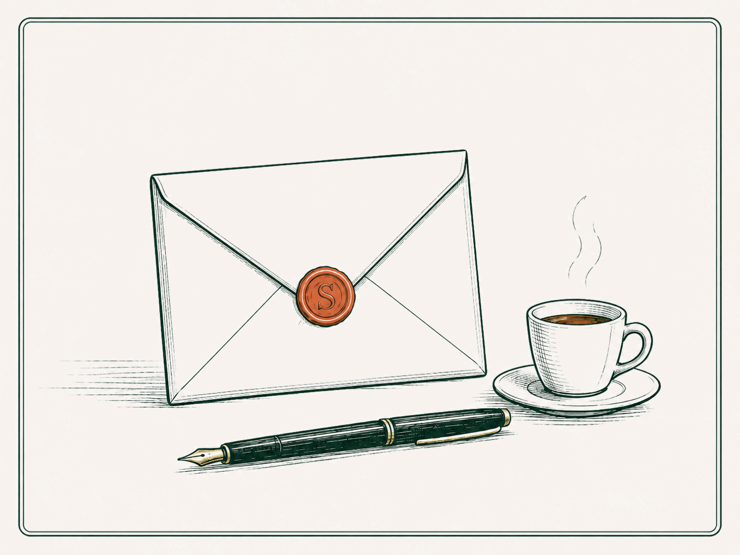 A fine-line sketch of a sealed letter, a fountain pen laid across the desk, and an espresso steaming beside it