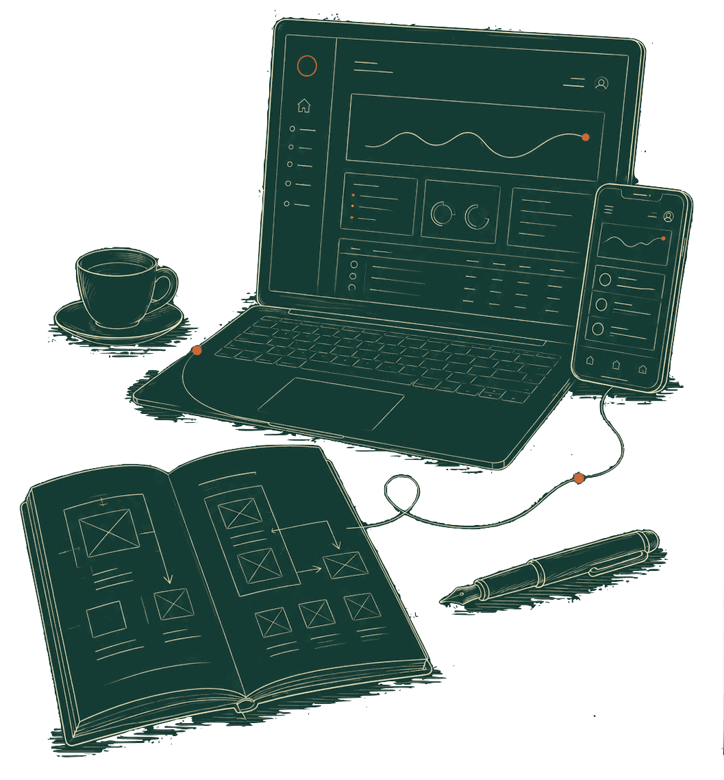A sketch on deep green of a notebook of wireframes connected by a single thread to a laptop and phone showing the finished product, an espresso and fountain pen alongside