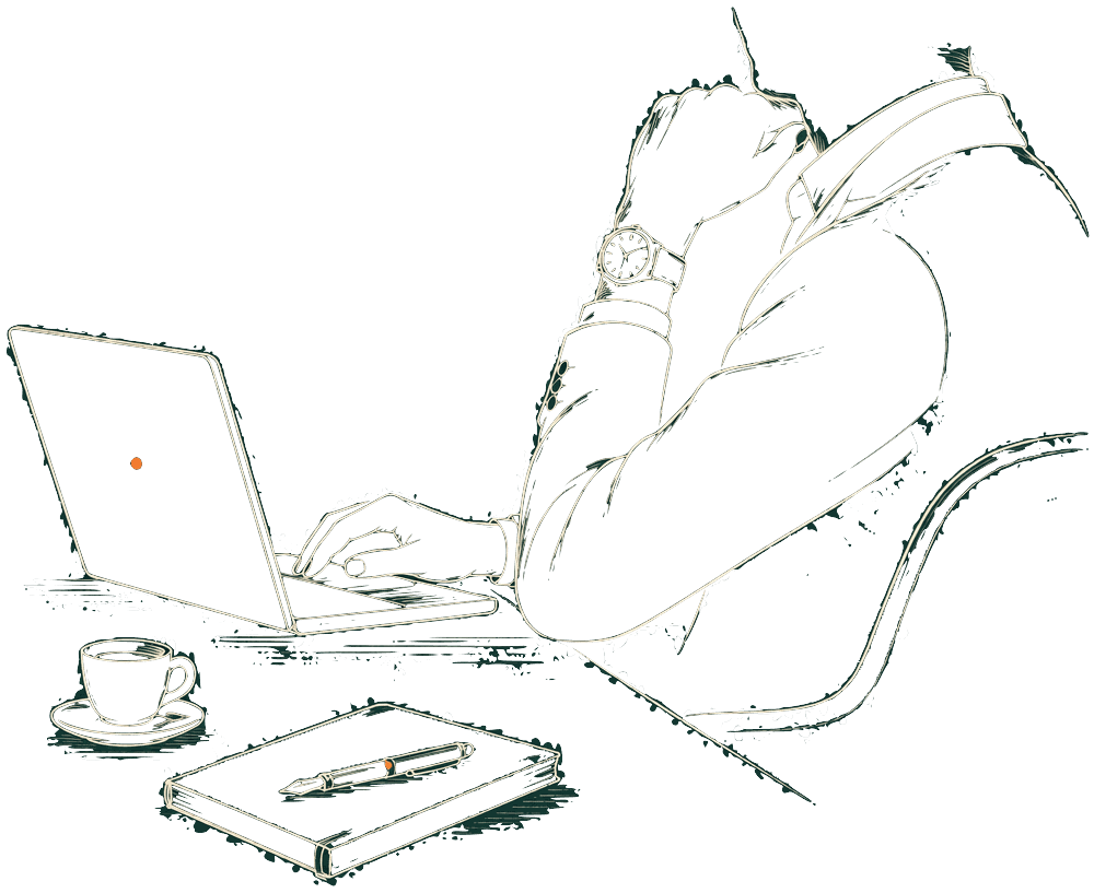 A cream line drawing of a figure working at a laptop with an espresso, notebook and fountain pen, drawn on the deep green background