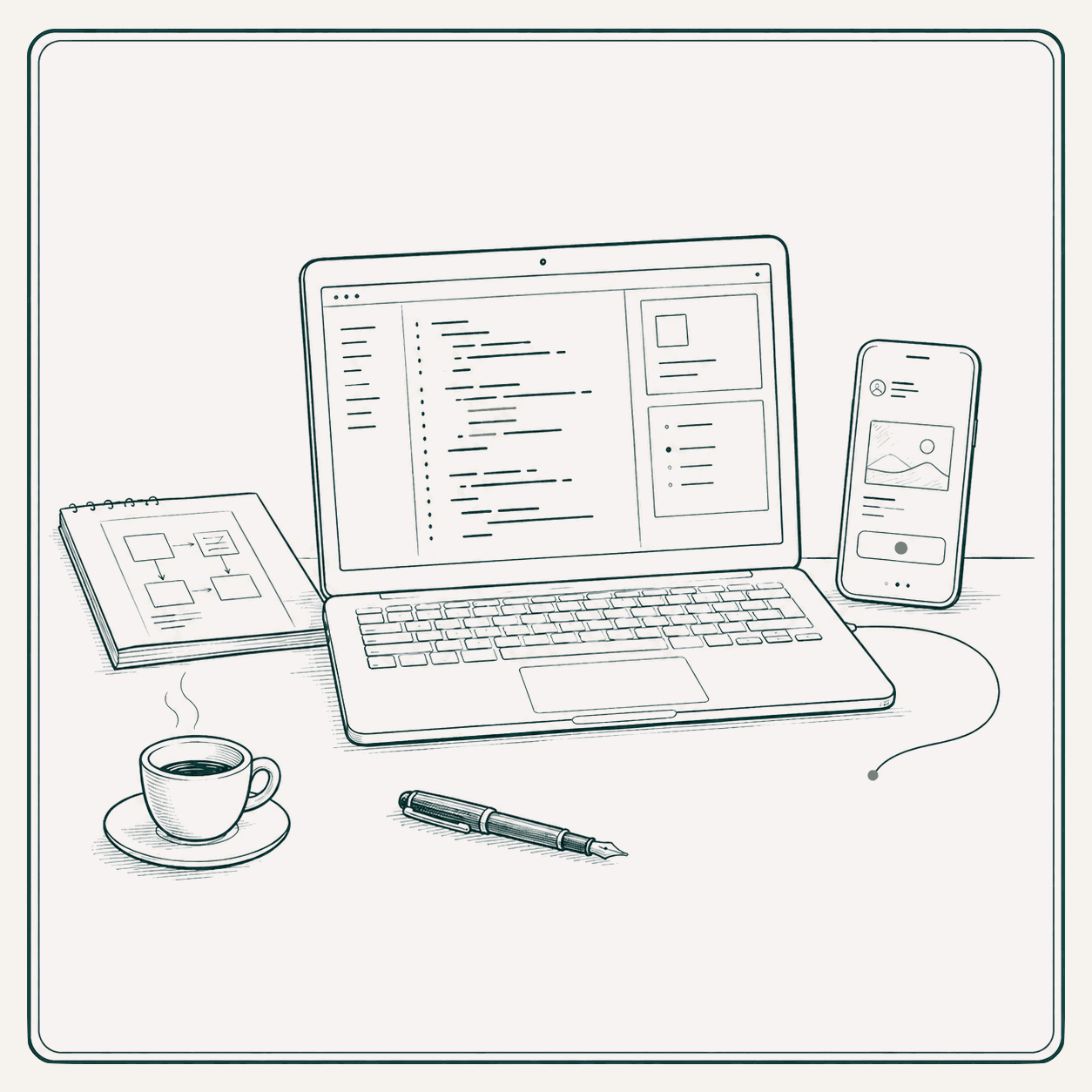 A line illustration of the studio desk: a laptop with code beside an espresso and a potted plant, under a window with rolling hills and the sun